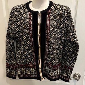 Nordic Design 100% Wool Black & White Patterned Cardigan Sweater Size Small